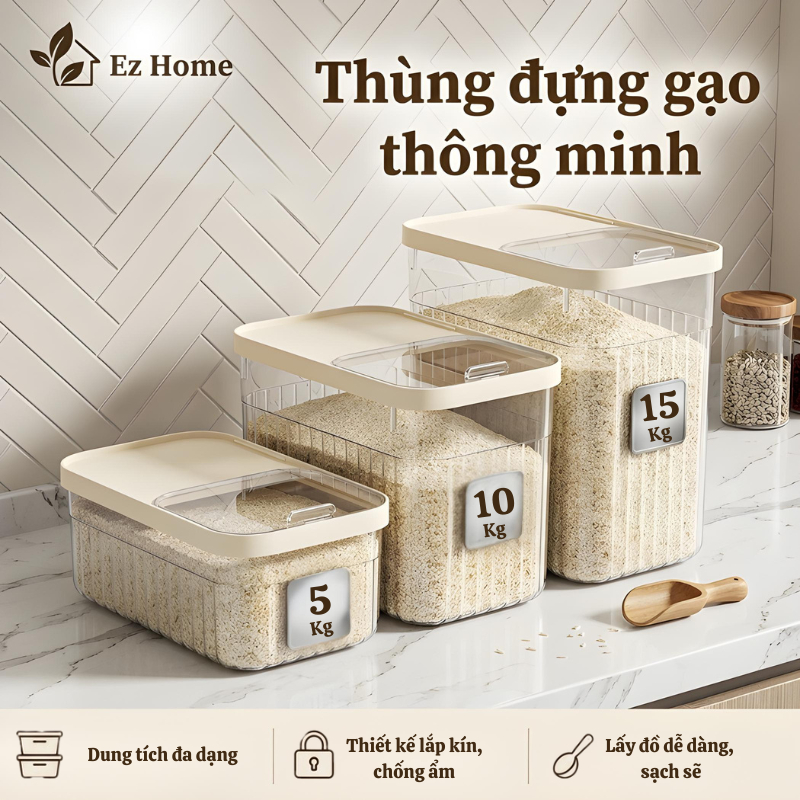 Thùng đựng gạo nhà bếp nắp bật thông minh màu kem chịu lực chịu nhiệt tốt 3 loại 5kg 10kg 15kg EzHome