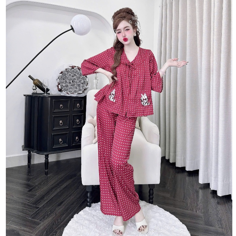Đồ ngủ pyjama, Đồ bộ bigsize <65kg tay ngắn cổ sen cột dây xếp li TAY DÀI QUẦN DÀI DN201
