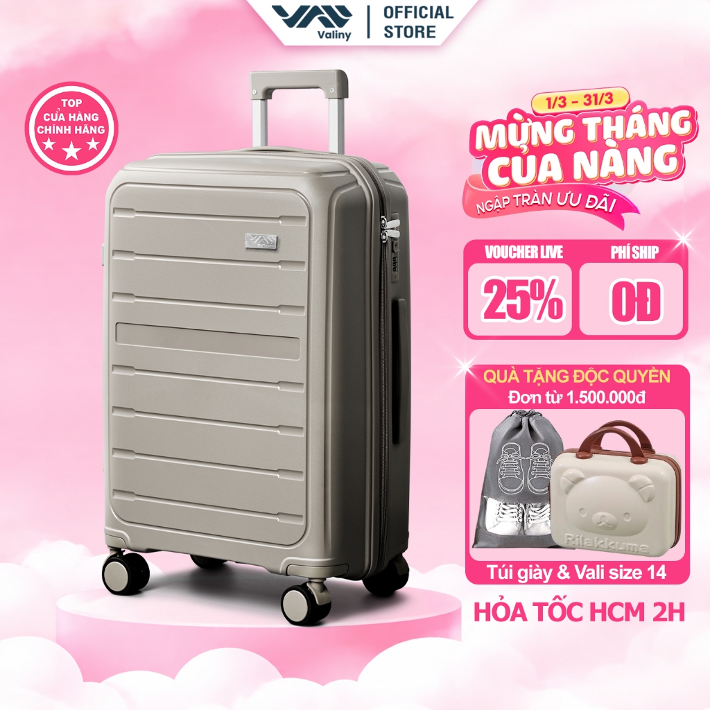 Vali Du Lịch VALINY VNY07 size 24 inch Chất Liệu Nhựa PP Cao Cấp Dẻo Dai Màu Khaki BẢO HÀNH TRỌN ĐỜI