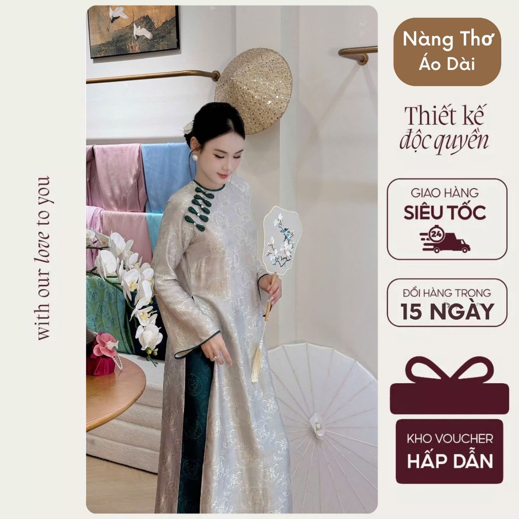 Áo dài cách tân 2 tà lụa tằm cổ tròn fom suông dài cao cấp - Phương Huyền Store PH189