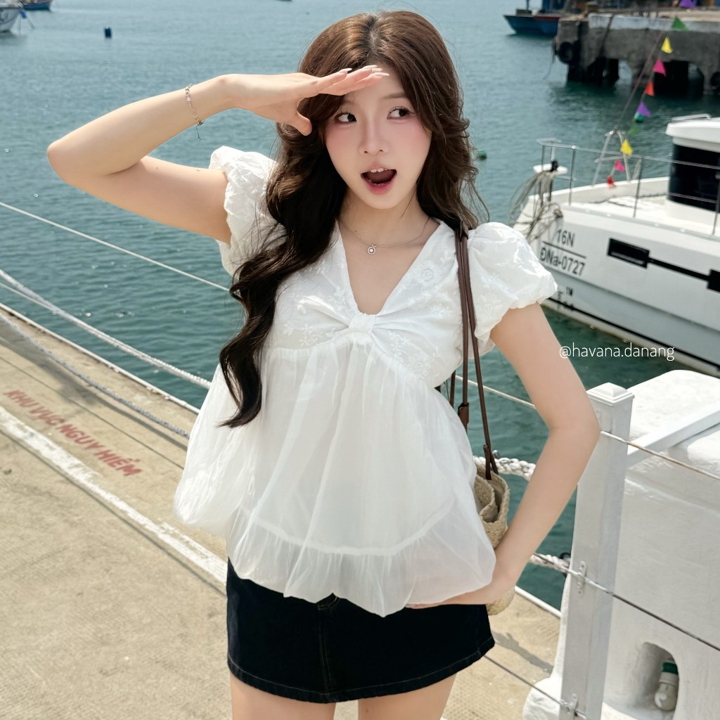 3. Áo babydoll top tay bồng cổ tim dáng bí ngô, Áo BabyDoll Nữ Tay Phồng Style Tiểu Thư HAVANA AO728