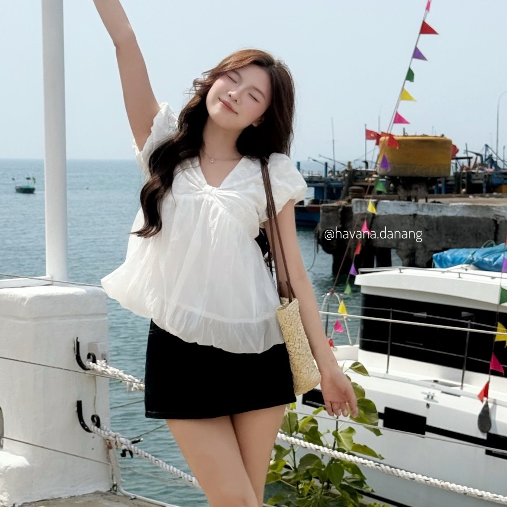 Áo babydoll DOLLIE top tay bồng cổ tim dáng bí ngô AO728