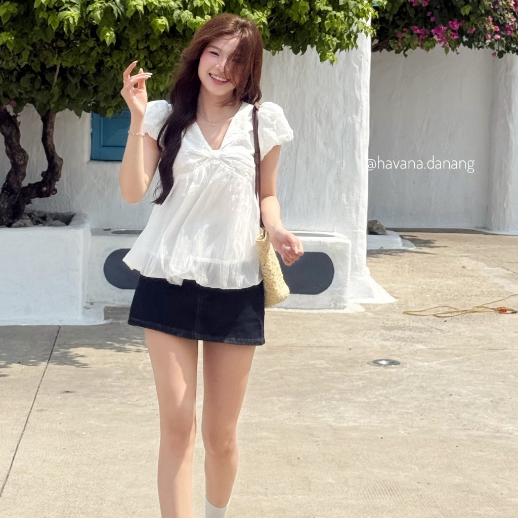 Áo babydoll top tay bồng cổ tim dáng bí ngô, Áo BabyDoll Nữ Tay Phồng Style Tiểu Thư HAVANA AO728 | BigBuy360 - bigbuy360.vn