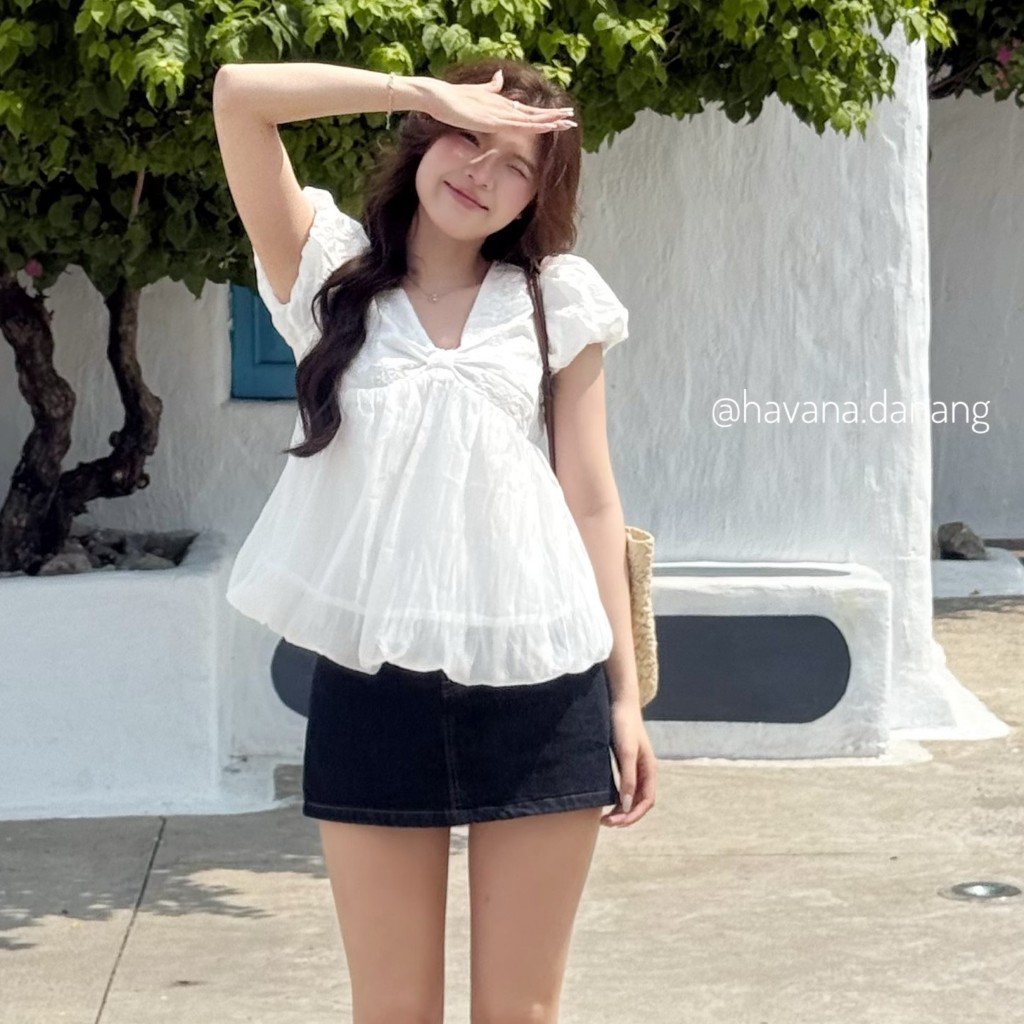 [MỞ BÁN]  Áo babydoll top tay bồng cổ tim dáng bí ngô, Áo BabyDoll Nữ Tay Phồng Style Tiểu Thư AO728