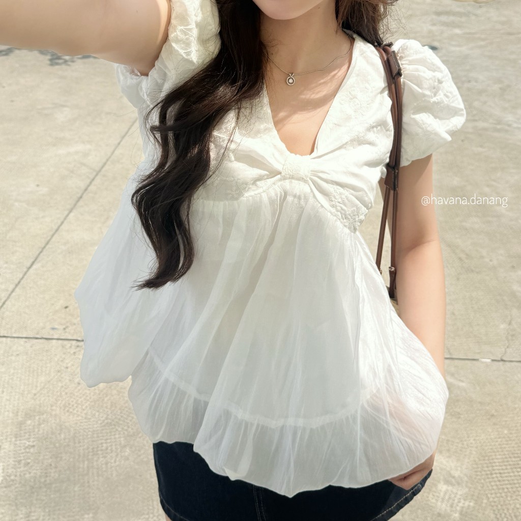Áo babydoll top tay bồng cổ tim dáng bí ngô, Áo BabyDoll Nữ Tay Phồng Style Tiểu Thư HAVANA AO728 | BigBuy360 - bigbuy360.vn