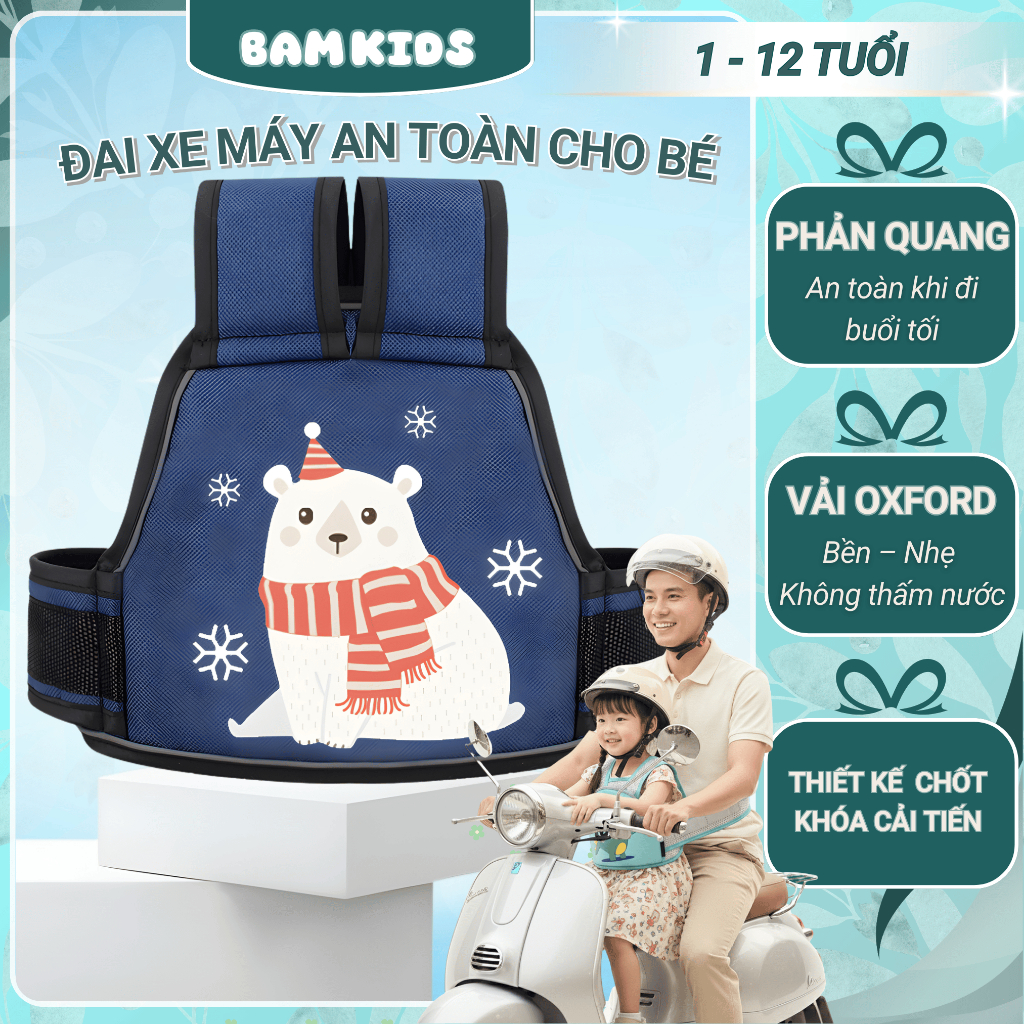 Đai Xe Máy An Toàn Cho Bé 1-12 Tuổi BAMKIDs Đai Cho Bé Ngồi Xe Máy Có Phản Quang, Khóa 4 Chiều