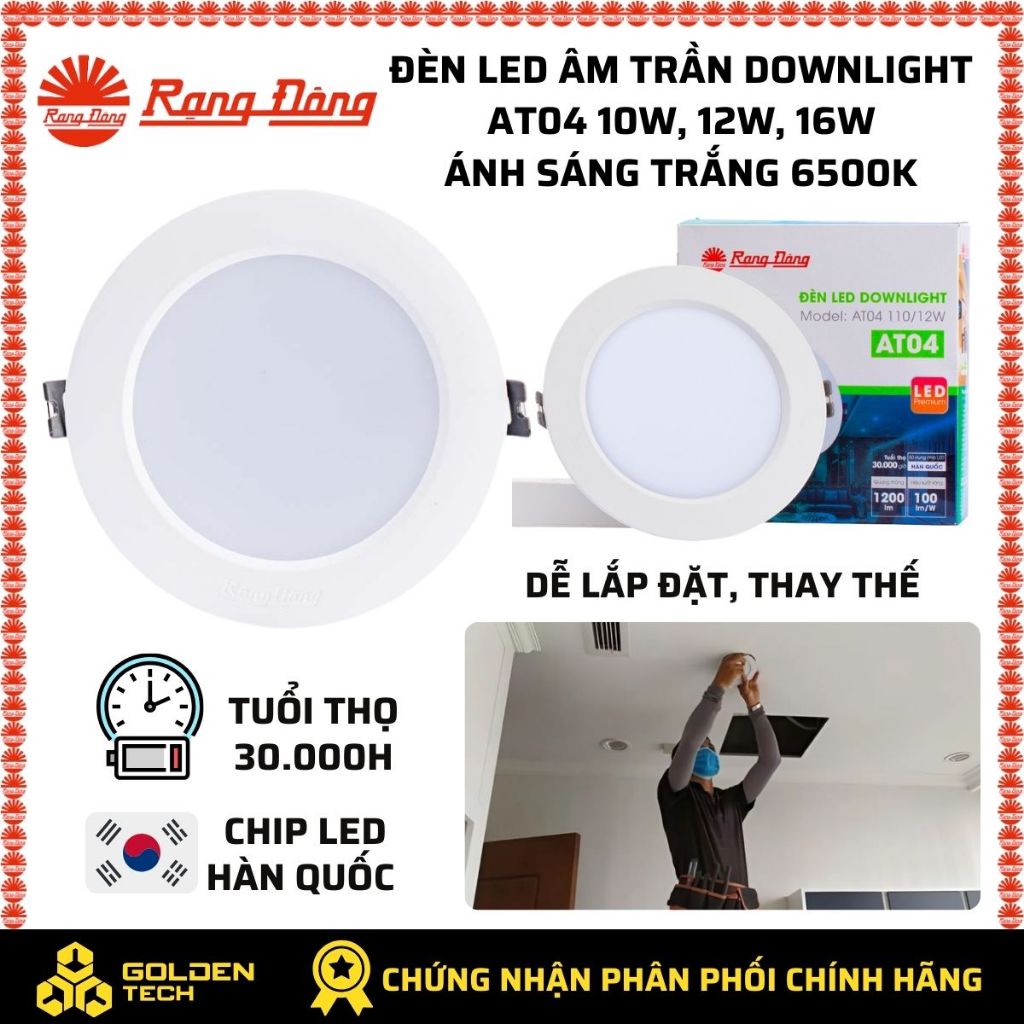 Đèn Led âm trần Downlight đế nhôm AT04 10W, 12W, 16W Rạng Đông Ánh sáng trắng