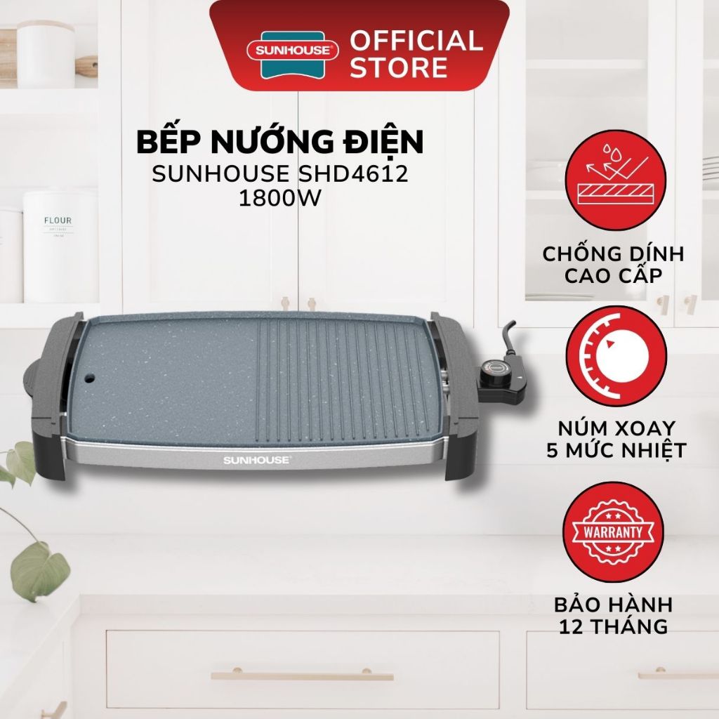 Bếp Nướng Điện Sunhouse SHD4612 - Bảo Hành 12 Tháng - Mặt Bếp Chống Dính Cao Cấp, Dễ Dàng Vệ sinh