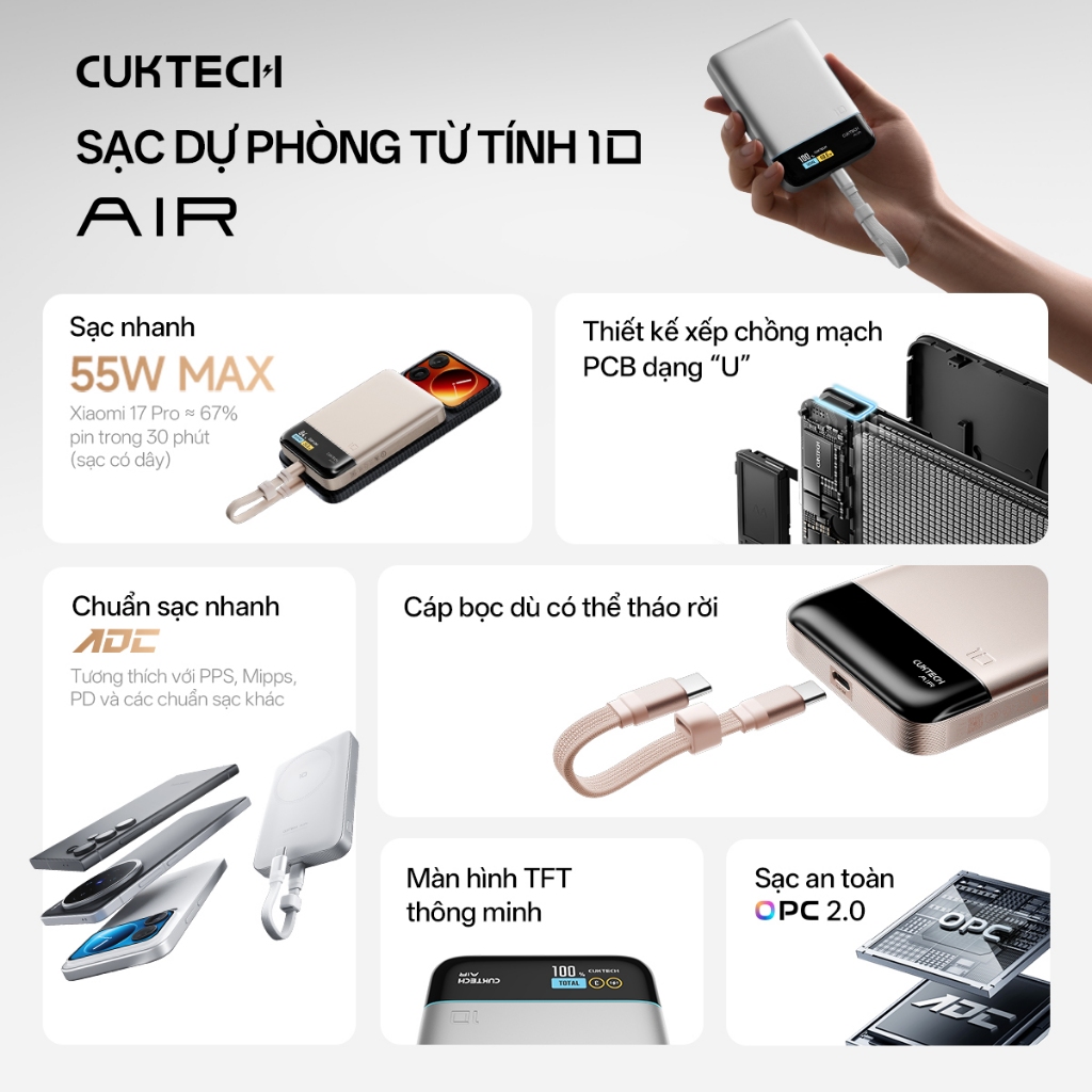 CUKTECH Pin Dự Phòng Từ Tính Sạc Nhanh 55W 10000mAh  Hỗ Trợ Sạc Không Dây Tích Hợp Dây cho iP 17–12 | BigBuy360 - bigbuy360.vn