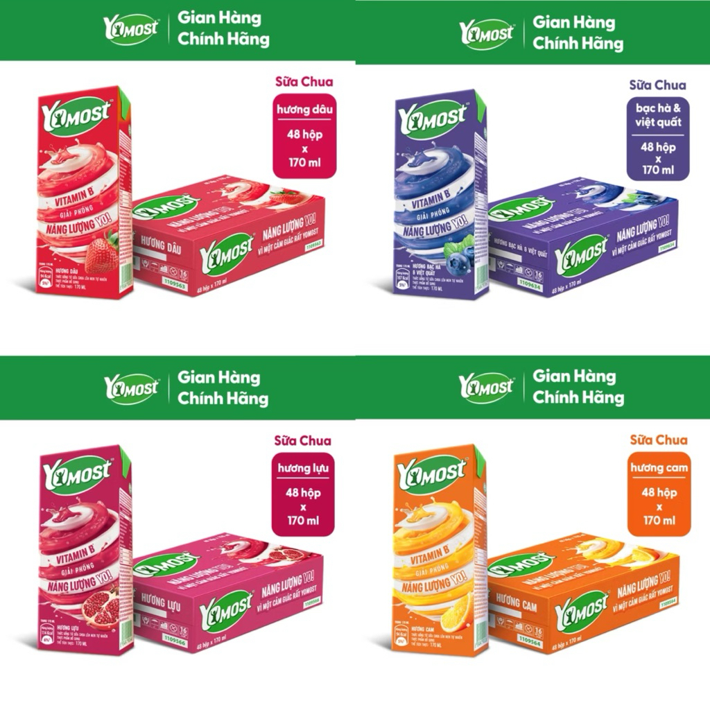 Thùng 48 Hộp Sữa Chua Uống Yomost 170ml – Nhiều Vị (Dâu, Cam, Lựu, Bạc Hà Việt Quất)