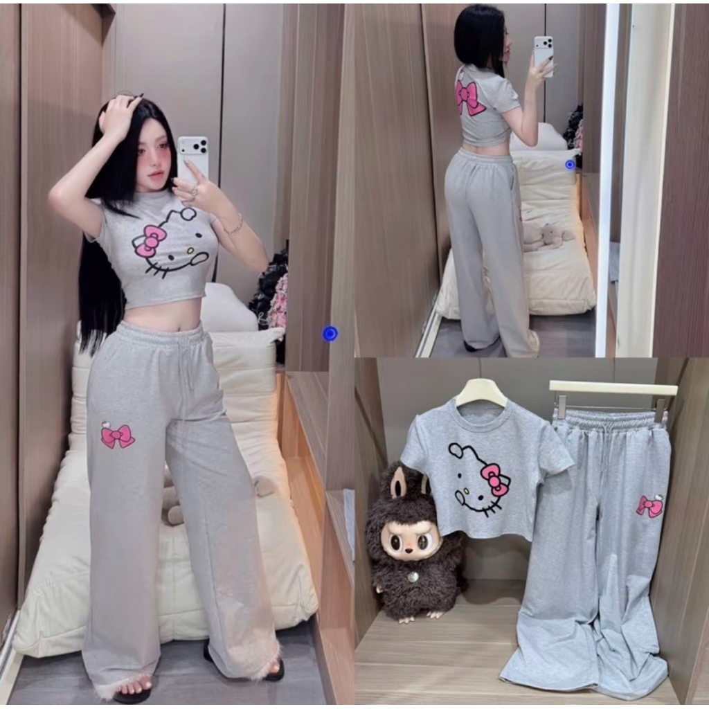 Set Bộ Nữ , Set Bộ Cotton Quần Xuông Áo Croptop Kit Hồng