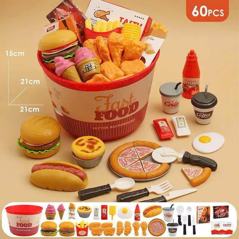 Đồ chơi xô thức ăn nhanh, gà rán, hamburger, pizza, bánh ngọt cho bé