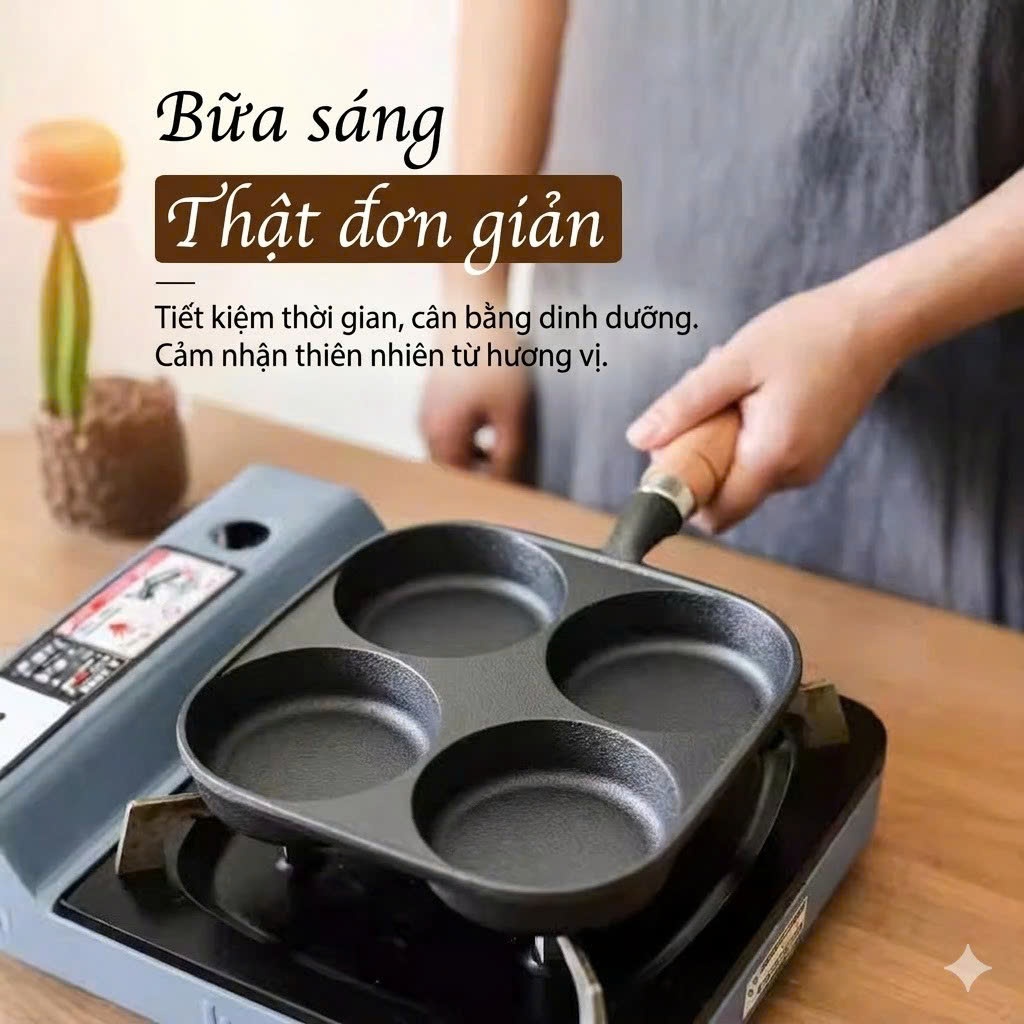 Chảo gang chống dính bốn lỗ tay cầm gỗ 21.5x17x33cm