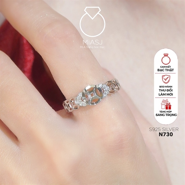 N730- Nhẫn kim tiền xi bạch kim cao cấp đá CZ MIASJ