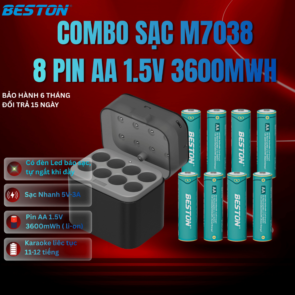 Bộ Sạc Beston M7038 sạc được cho cả pin 1.2V và 1.5V, cổng sạc type C tiện lợi, có đèn báo sạc
