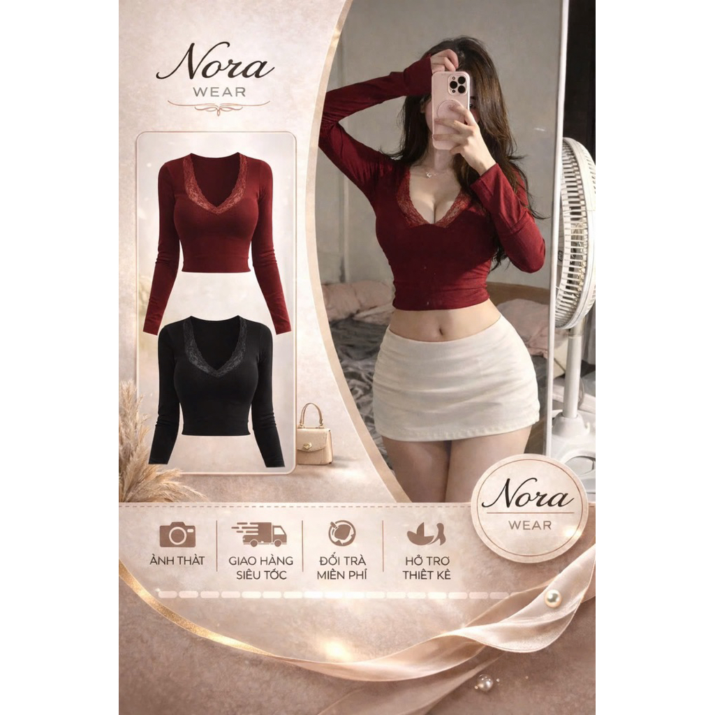 ÁO CROPTOP TAY DÀI PHỐI REN NORA WEAR – FORM ÔM GỌN DỄ PHỐI ĐỒ