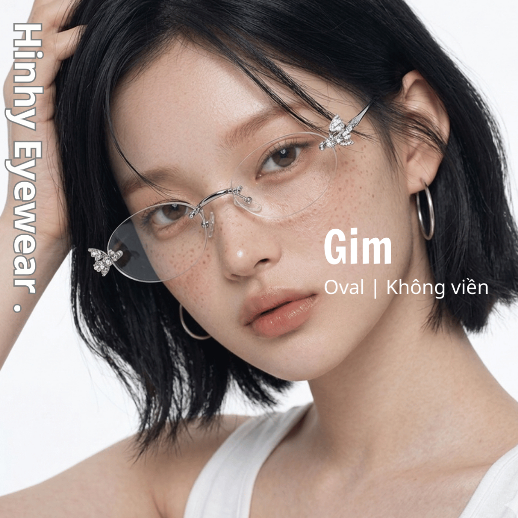 [Cao cấp] Gọng kính oval không viền kim loại cao cấp [Lắp cận dưới 4 độ] Tiệm Kính Hinhy Gim