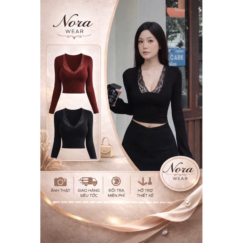 ÁO CROPTOP TAY DÀI PHỐI REN NORA WEAR – FORM ÔM GỌN DỄ PHỐI ĐỒ