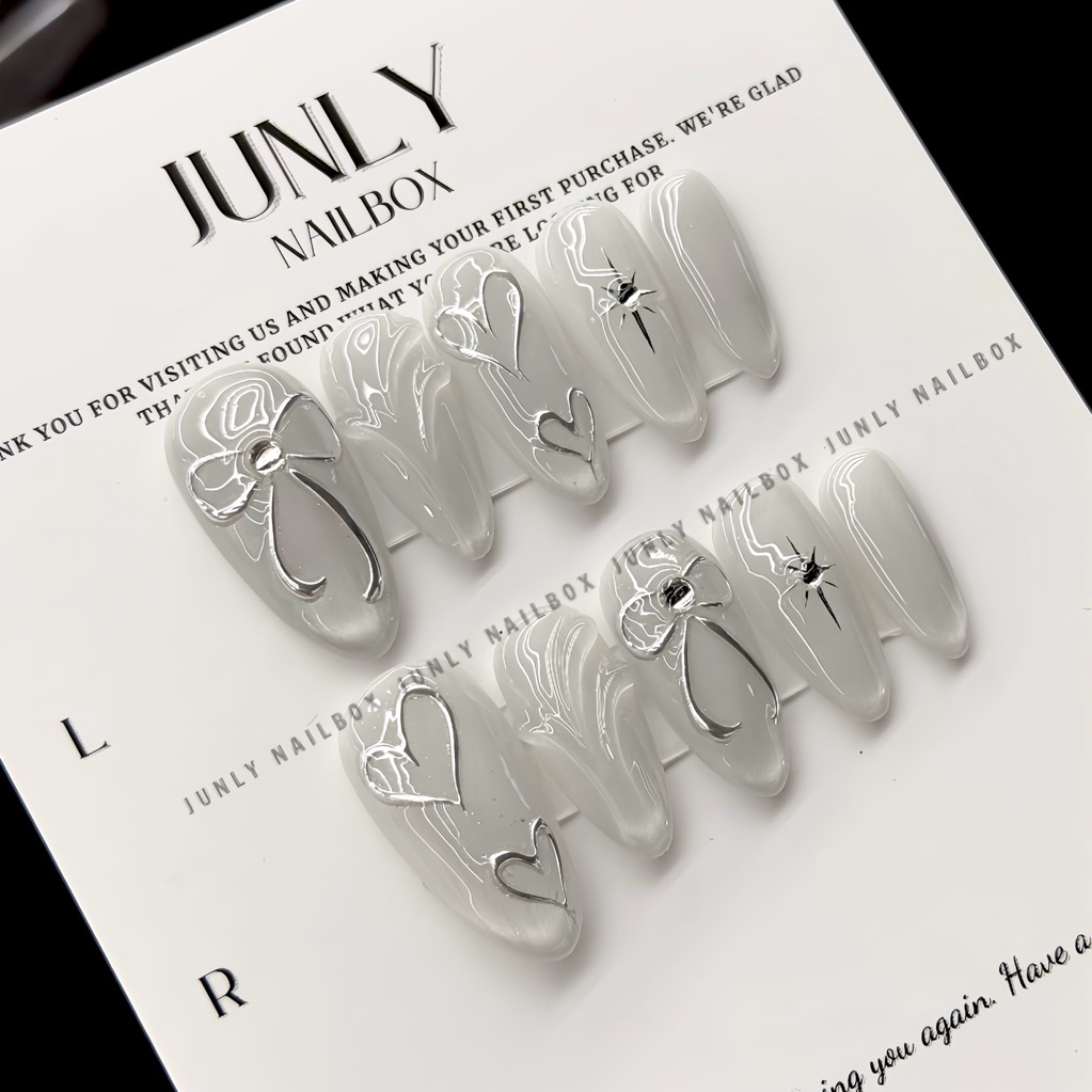 Nailbox mắt mèo ánh trăng JUNLY - nail box thiết kế móng giả trái tim nơ tráng bạc đơn giản 803