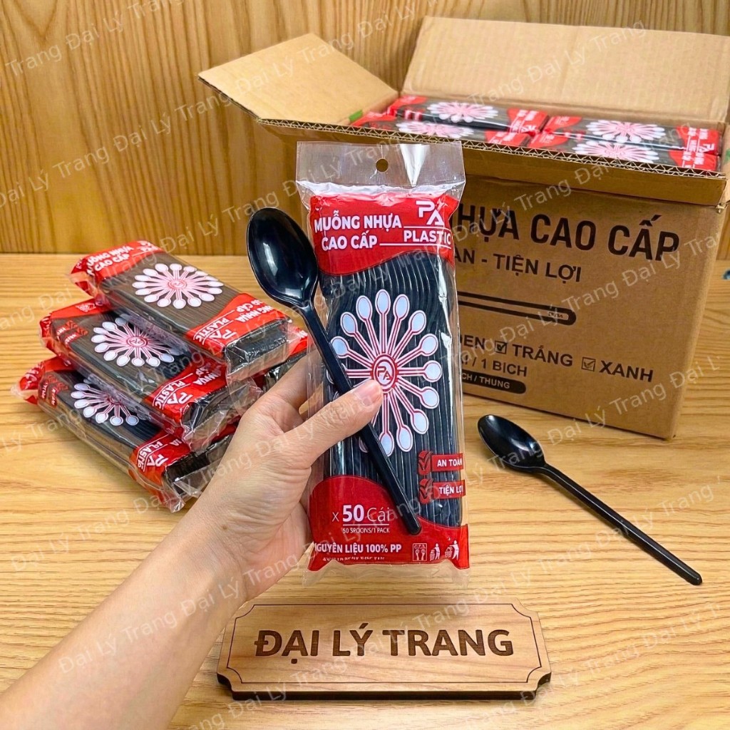 ( THÙNG 1000/2500 ) Muỗng nhựa dùng 1 lần Màu Đen 20CM LOẠI 1 _ GIÁ SỈ CHO QUÁN TRÀ SỮA