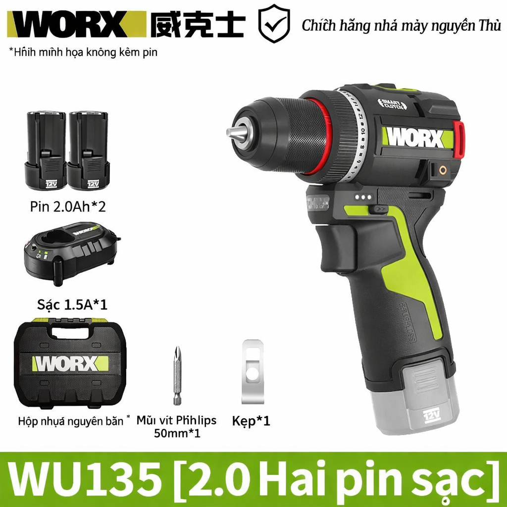 máy khoan pin worx wu 135 bảo hành 1 năm