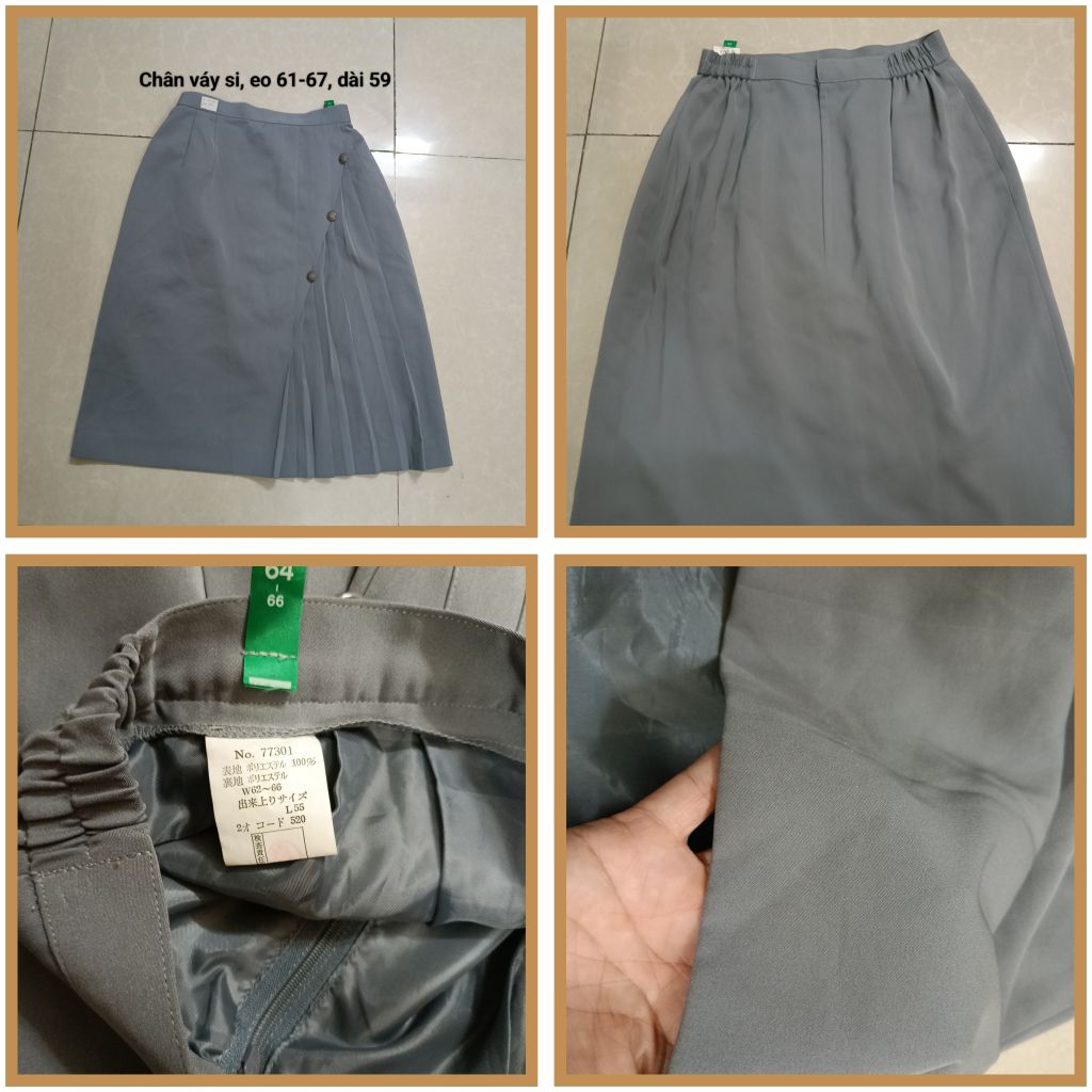 CV32#Chân Váy Xám Công Sở Xếp Ly 1 Bên Nút Trang Trí – Váy Midi Thanh Lịch Si Nhật Size S/M