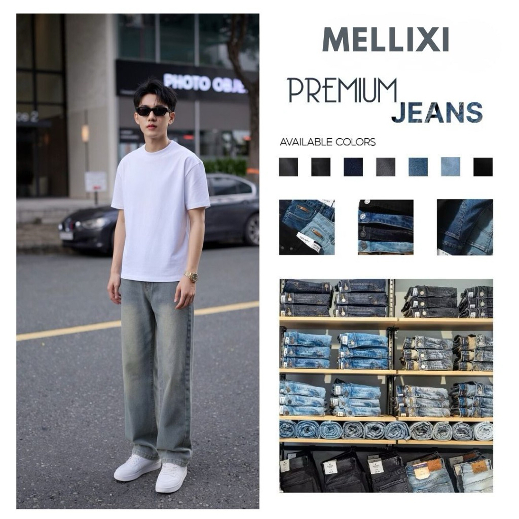 Quần jean nam ống suông rộng M02, quần bò nam đen xám dáng baggy vải demin phong cách hàn quốc MELLIXI