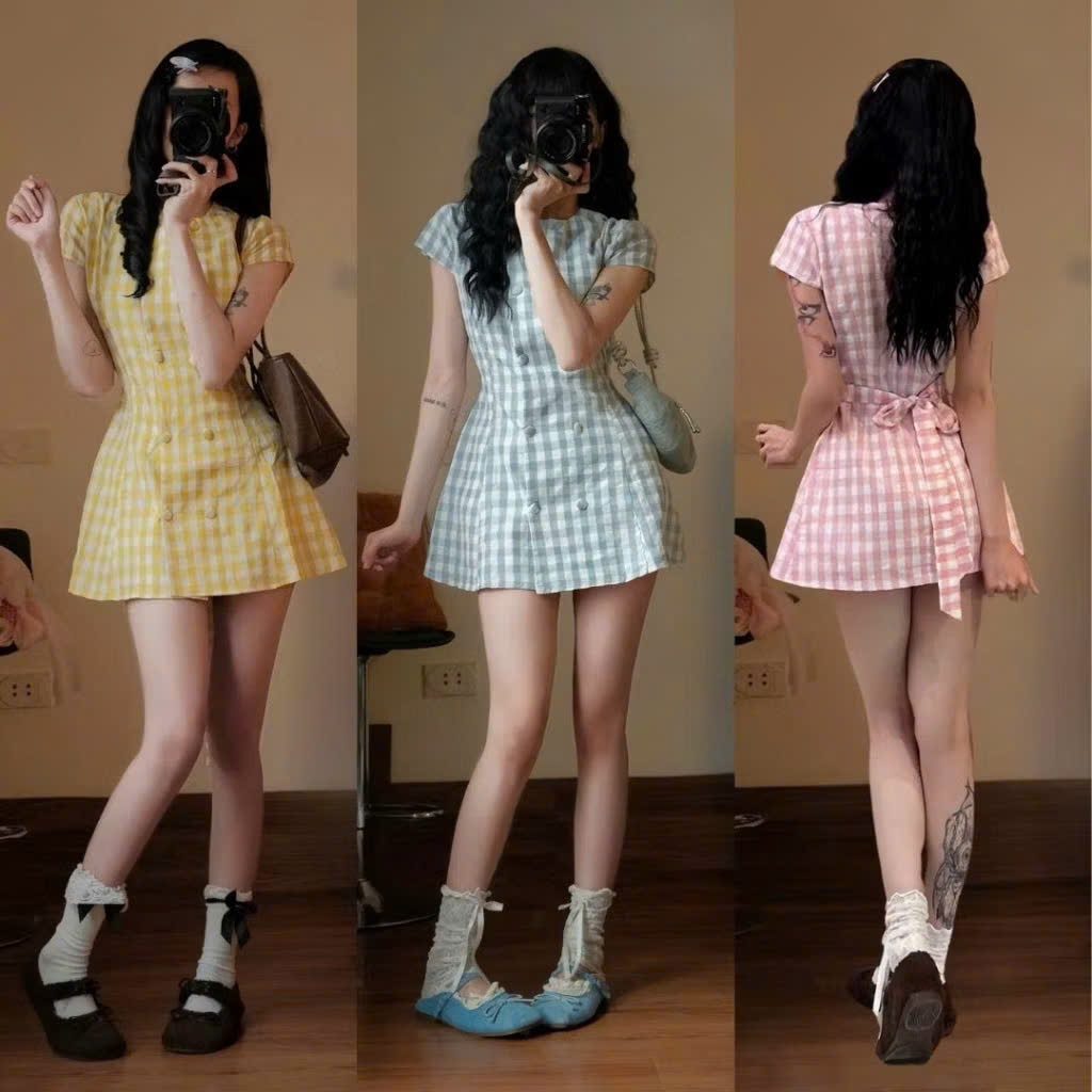 (Tặng Kèm quần bảo hộ) Váy Kẻ Caro Nữ Hari Cúc Bọc Dáng Suông Tay Ngắn Form Rộng 7388 P0 | BigBuy360 - bigbuy360.vn