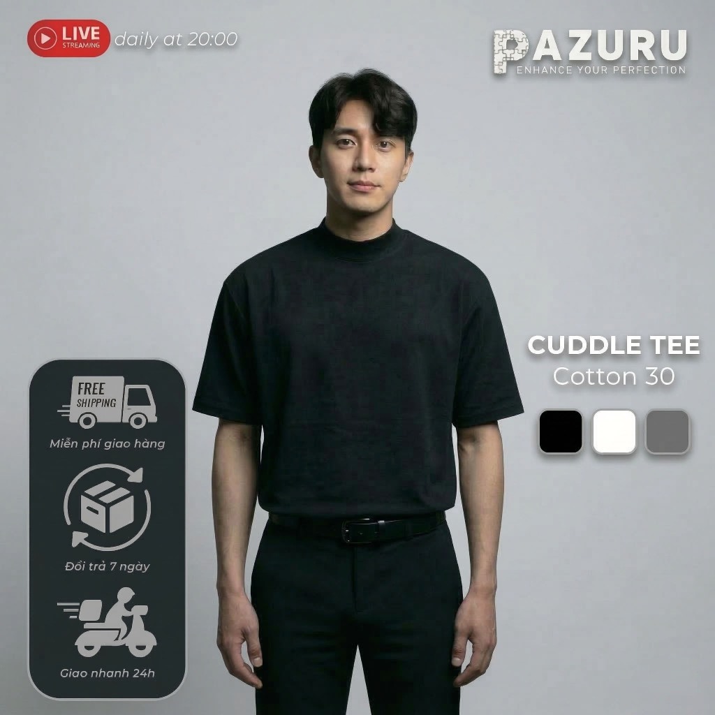 Áo Thun Trơn Cổ Cao 3.5cm PAZURU Cuddle Tee - Chất Cotton 30 Cao Cấp, Form Regular Hàn Quốc