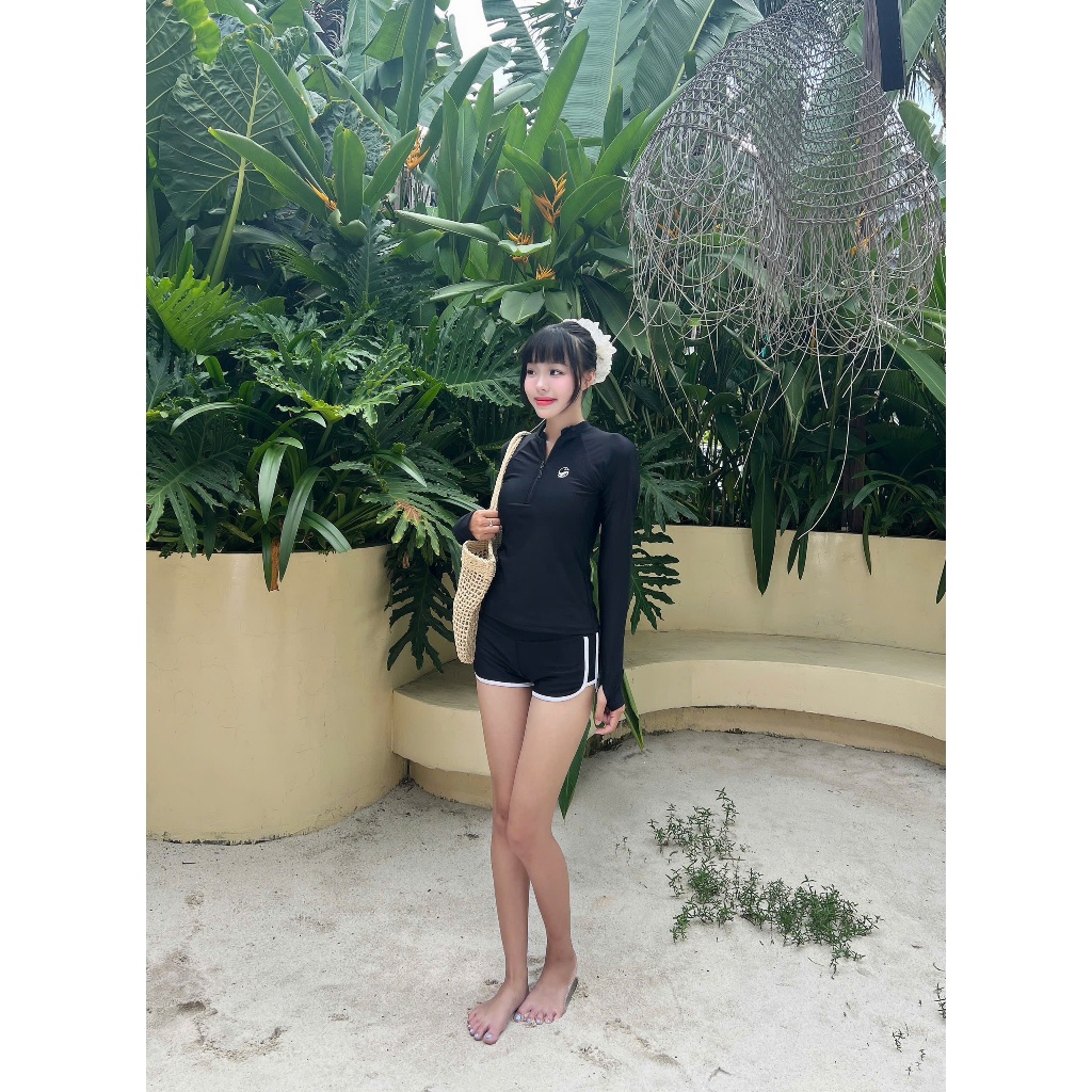 Đồ bơi Nữ bikini 2 mảnh quần cạp cao áo tay dài hoa nhịệt đới chống tia UV - P2P BIKINI