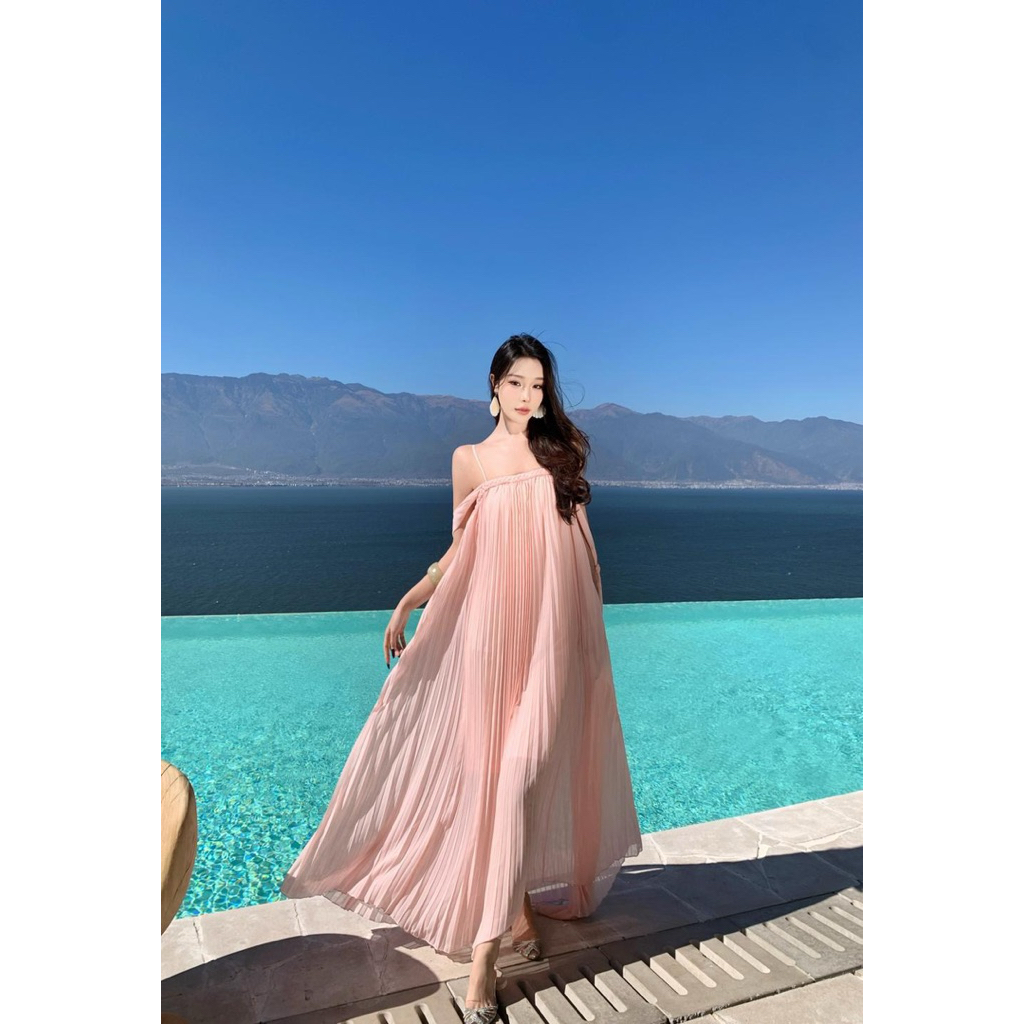 Lizz studio M699 Váy hồng xếp ly dáng dài đi biển