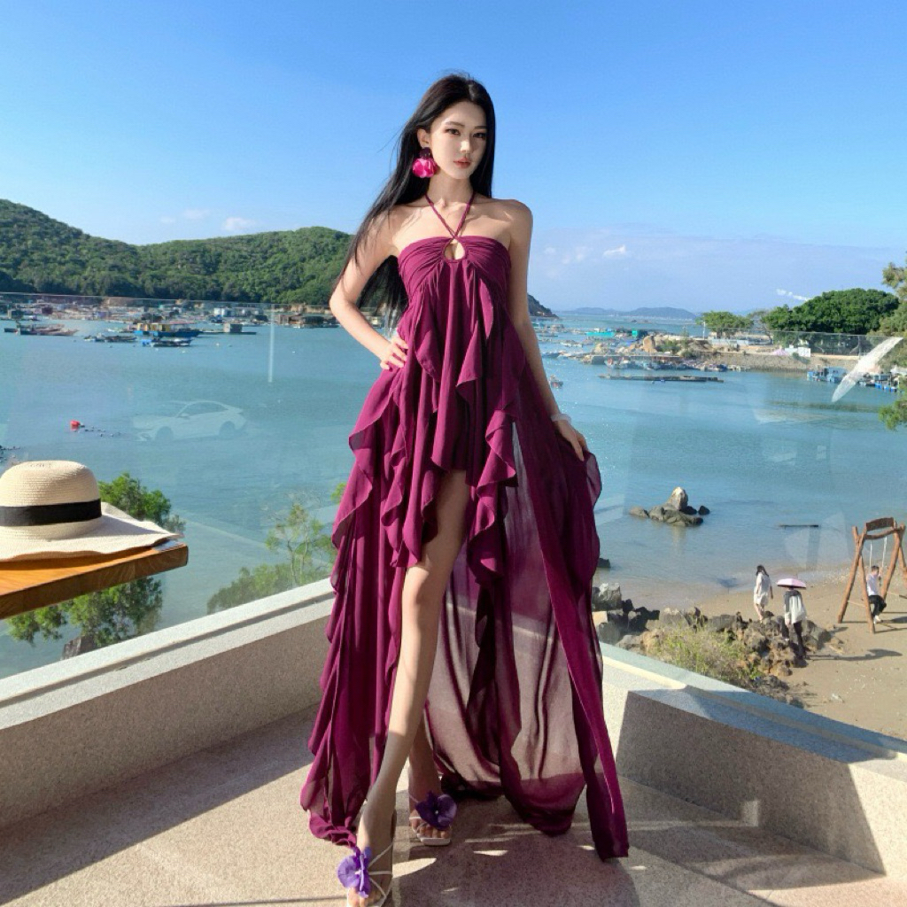 Lizz Studio M6558 Váy cổ yếm dây treo màu tím dáng bèo đi biển