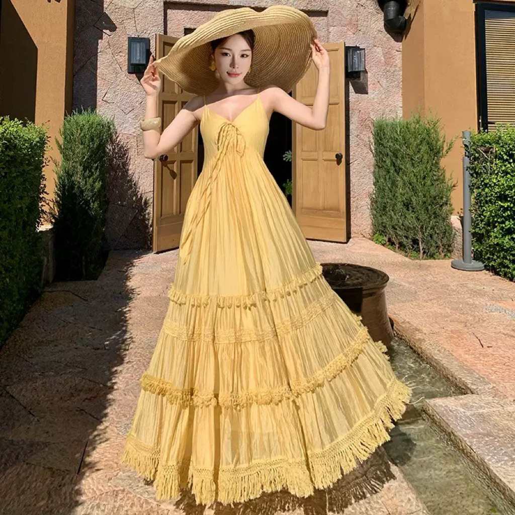 Lizz Studio M7001 Váy hai dây dáng dài xoè đi biển váy maxi du lịch biển