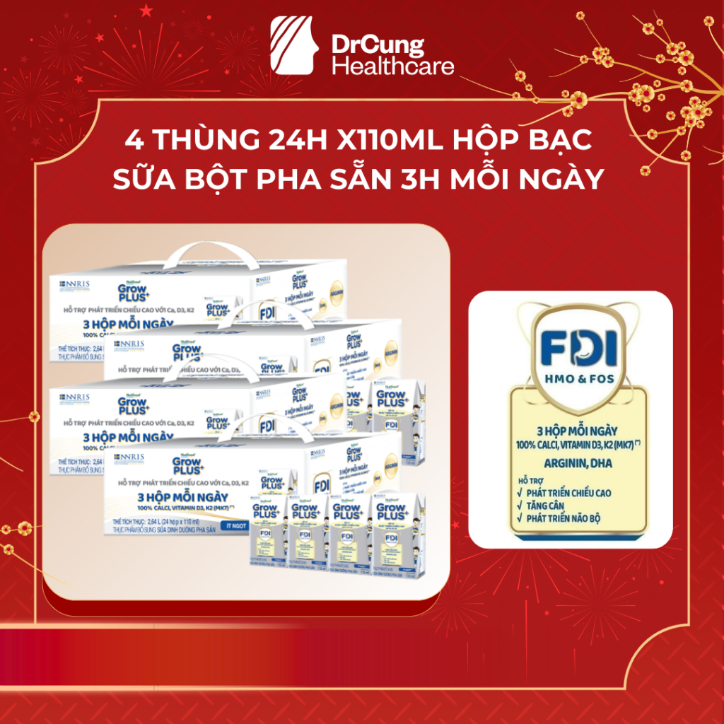 Combo 4 Thùng (GROW  BẠC) 24 Hộp 110ml (96Hx110ml) Sữa Dinh Dưỡng Nutifood GrowPLUS+ Cao Lớn Vượt Trội
