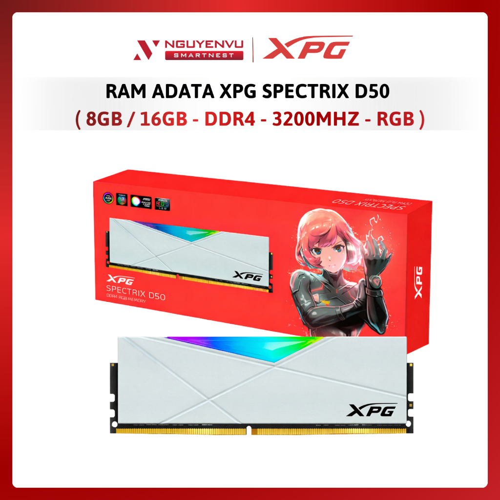 Ram máy tính Adata XPG Spectrix D50 16GB, 3200Mhz, DDR4, RGB - Hàng Chính Hãng - Bảo Hành 5 Năm