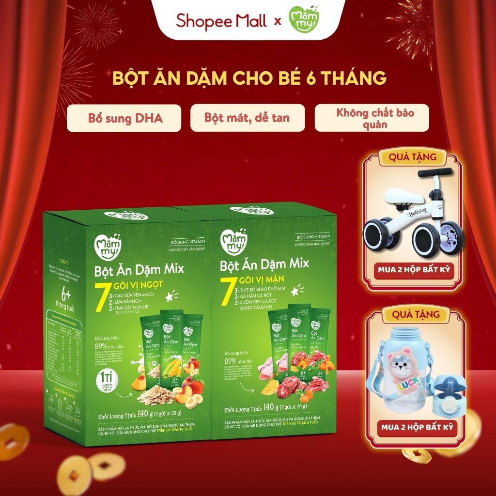 Bột ăn dặm cho bé Mămmy bổ sung DHA, canxi, sắt giúp bé phát triển khỏe mạnh, thông minh, hộp 7 gói