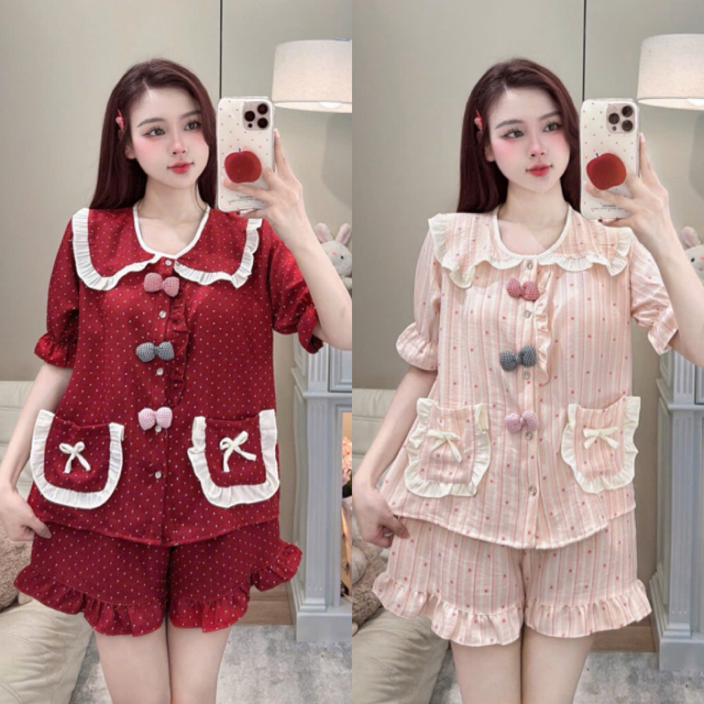 Set Bộ Ngủ Pijama Nữ, Set Bộ Đũi Vân Mây Đùi Đính Cham