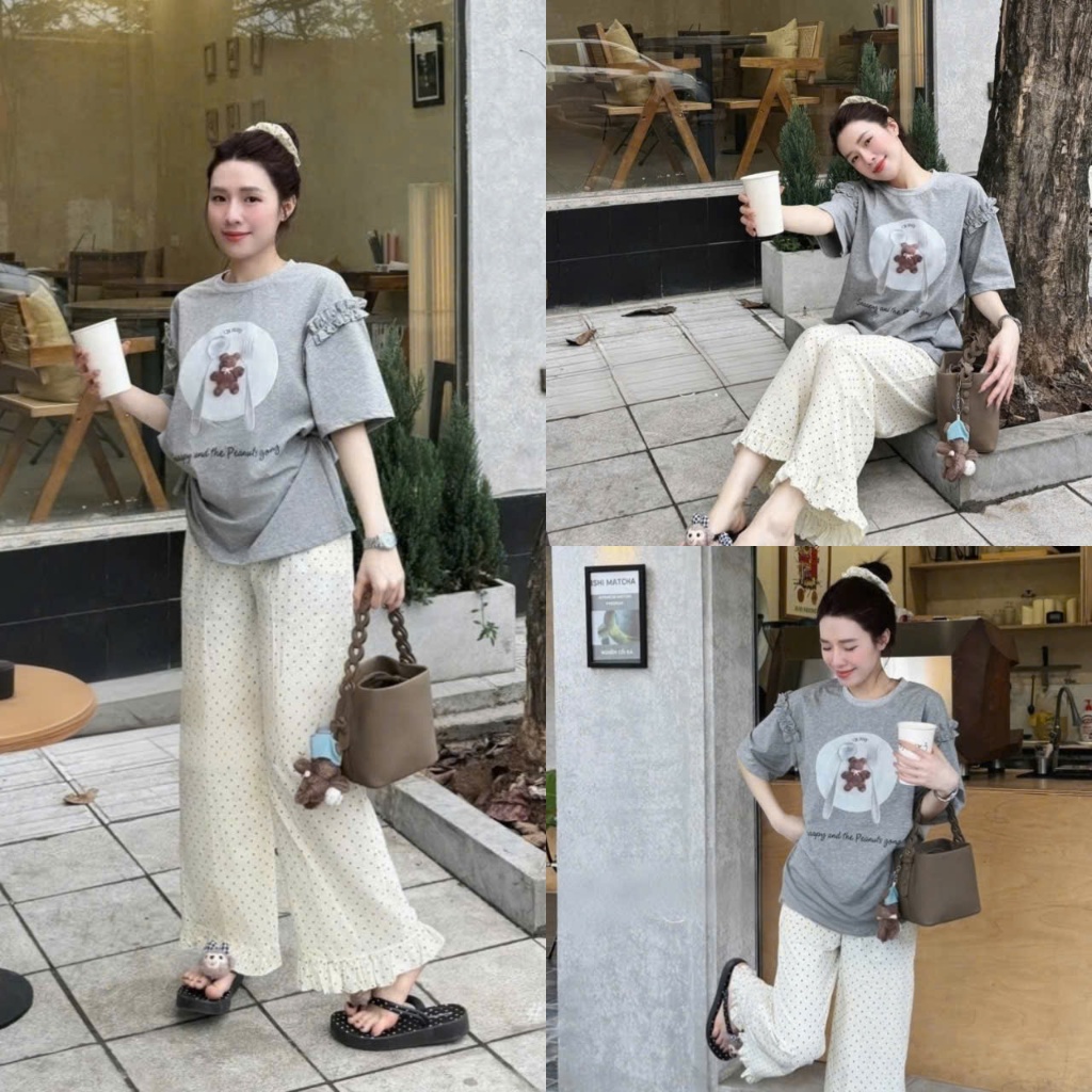 (Hàng Mới): Set Đồ Nữ Áo Xám Phối Bèo Vai In Gấu Bánh Quy Phối Quần Chấm Bi Siêu Cute-Ảnh Thật Lolla