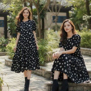 Đầm Midi tay phồng, dáng suông rộng, phối bèo lai, tùng cao thấp _ G3.003