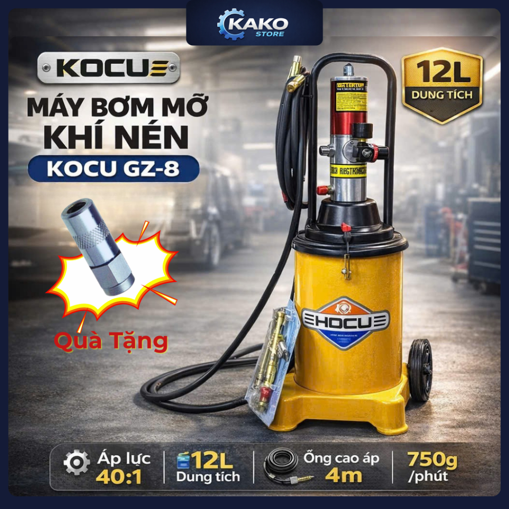 Máy bơm mỡ khí nén bơm mỡ hơi kuco gz-8 , dung tích 12 lít, tặng bộ gioong zin sơ, Kako store