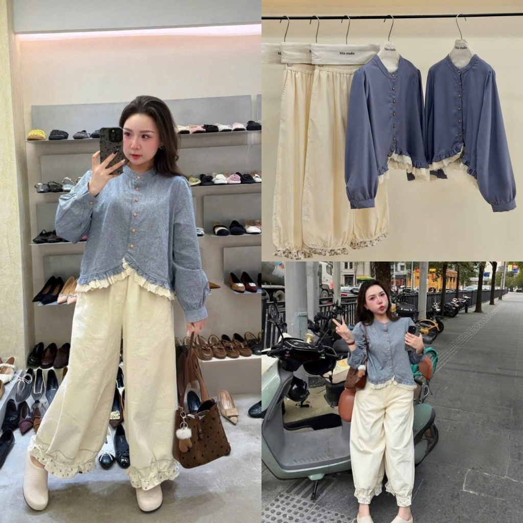 (Set Nữ Xinh): Áo Sơ Mi Vạt Bèo Ren Khuy Nấm Mix Quần Kaki Be Dáng Thụng Bo Gấu Tone Xanh Lạ Mắt -Ản