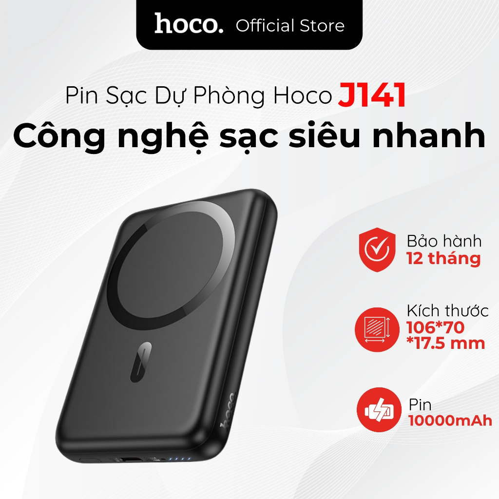 Pin Sạc Dự Phòng Hoco J141 Grace 10000mAh - Sạc Không Dây Nam Châm 15W, Sạc Nhanh PD 20W, Thiết Kế S