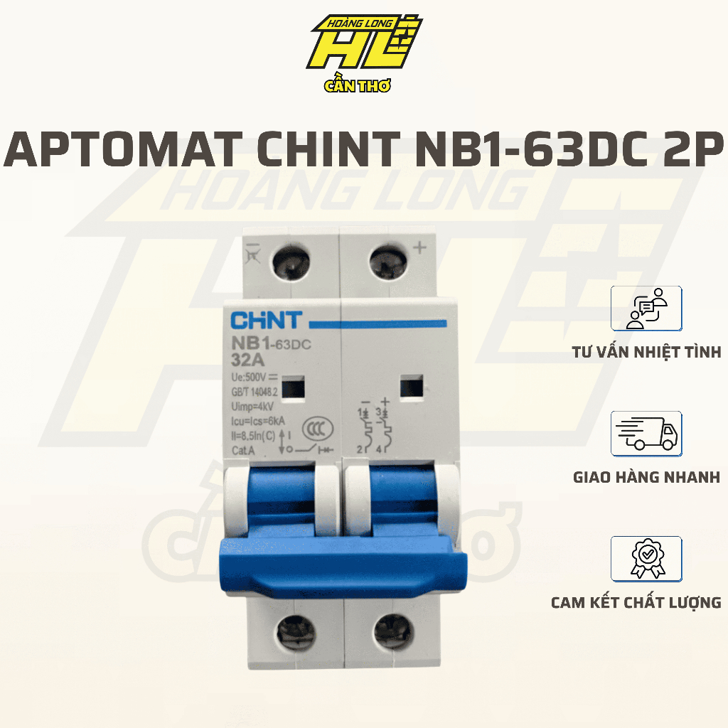 MCB DC Chint NB1-63DC 2P Cầu Dao Tự Động DC Bảo Vệ Hệ Thống Điện Mặt Trời Solar PV