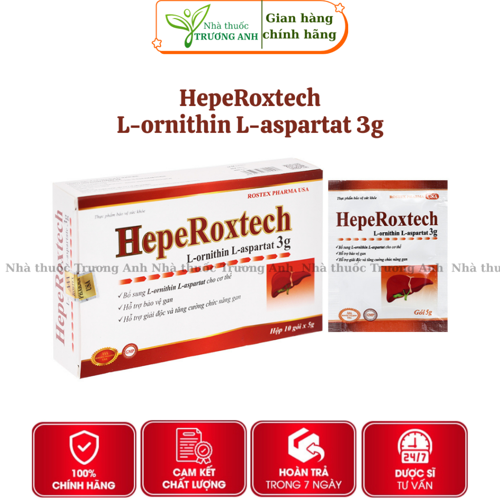 HepeRoxtech L-ornithine L-aspartat. Cốm bổ gan giảm xơ gan, men gan tăng, gan nhiễm mỡ. Hộp 10 gói