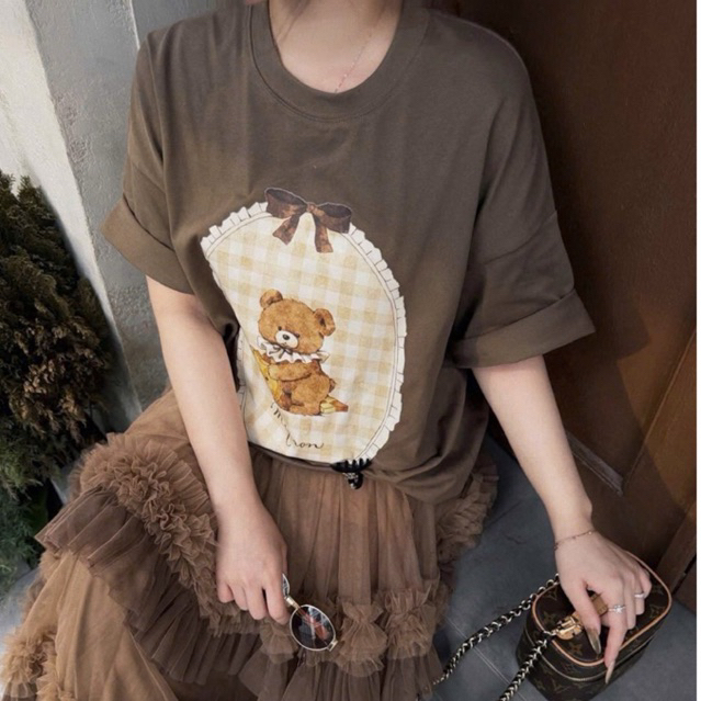 Áo Thun Nữ Nâu In Gấu Xinh ,Áo Phông Form Rộng Unisex Cotton SIÊU CẤP MC House