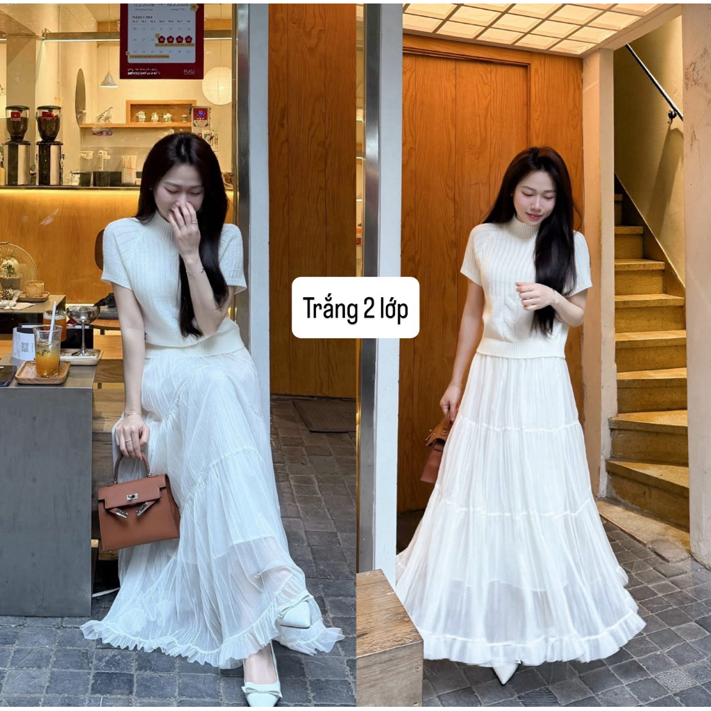 [SẴN ĐỦ MÀU] Chân váy dài  90cm dáng xoè chất VOAN NHĂN 3 tầng cạp chun co giãn “TIARA” | BigBuy360 - bigbuy360.vn