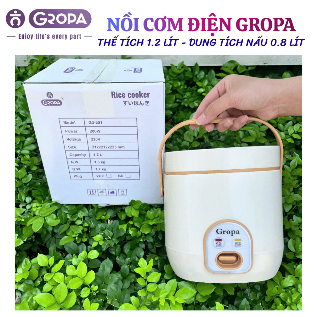 Nồi cơm điện mini dung tích 1,2 lít , nồi cơm điện cho 2 người ăn Gropa bảo hành 12 tháng