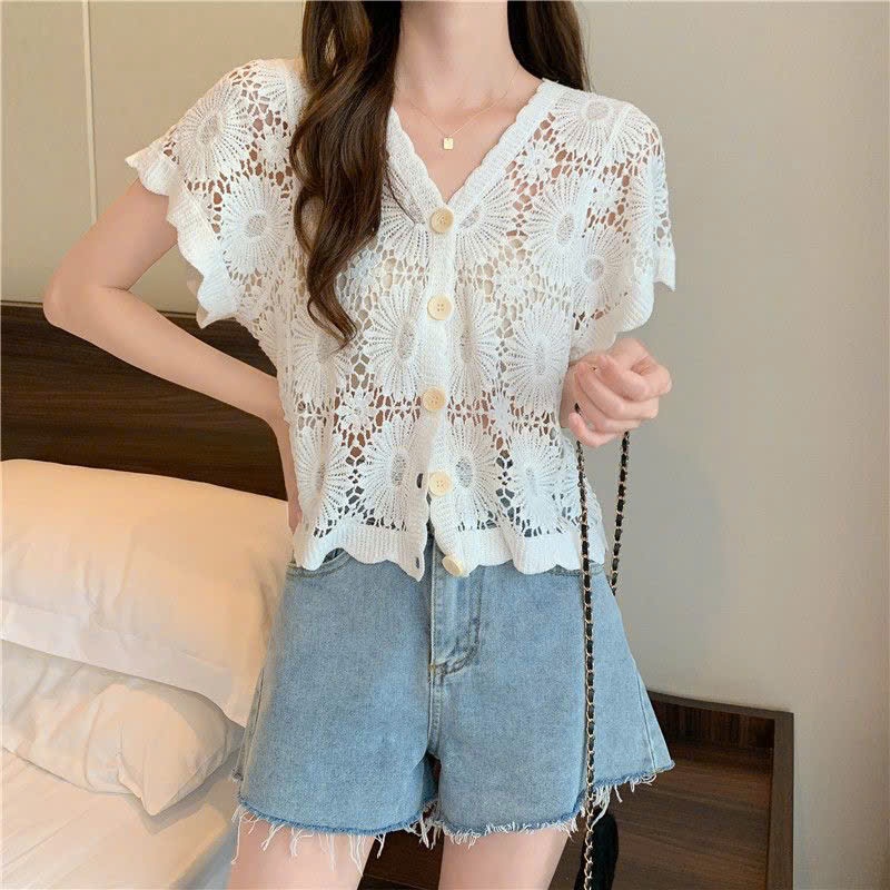 Áo Lưới Dệt Kim, Áo Khoác Tay Cộc Đan Họa Tiết Hoa Cúc Thoáng Khí Đi Biển Mùa Hè Phong Cách Vintage Hot 2025 Nanganhchuy | BigBuy360 - bigbuy360.vn