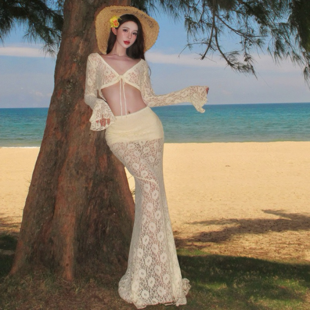 Lizz studio M6888 Váy ba mảnh ren mỏng đi biển quyến rũ slay