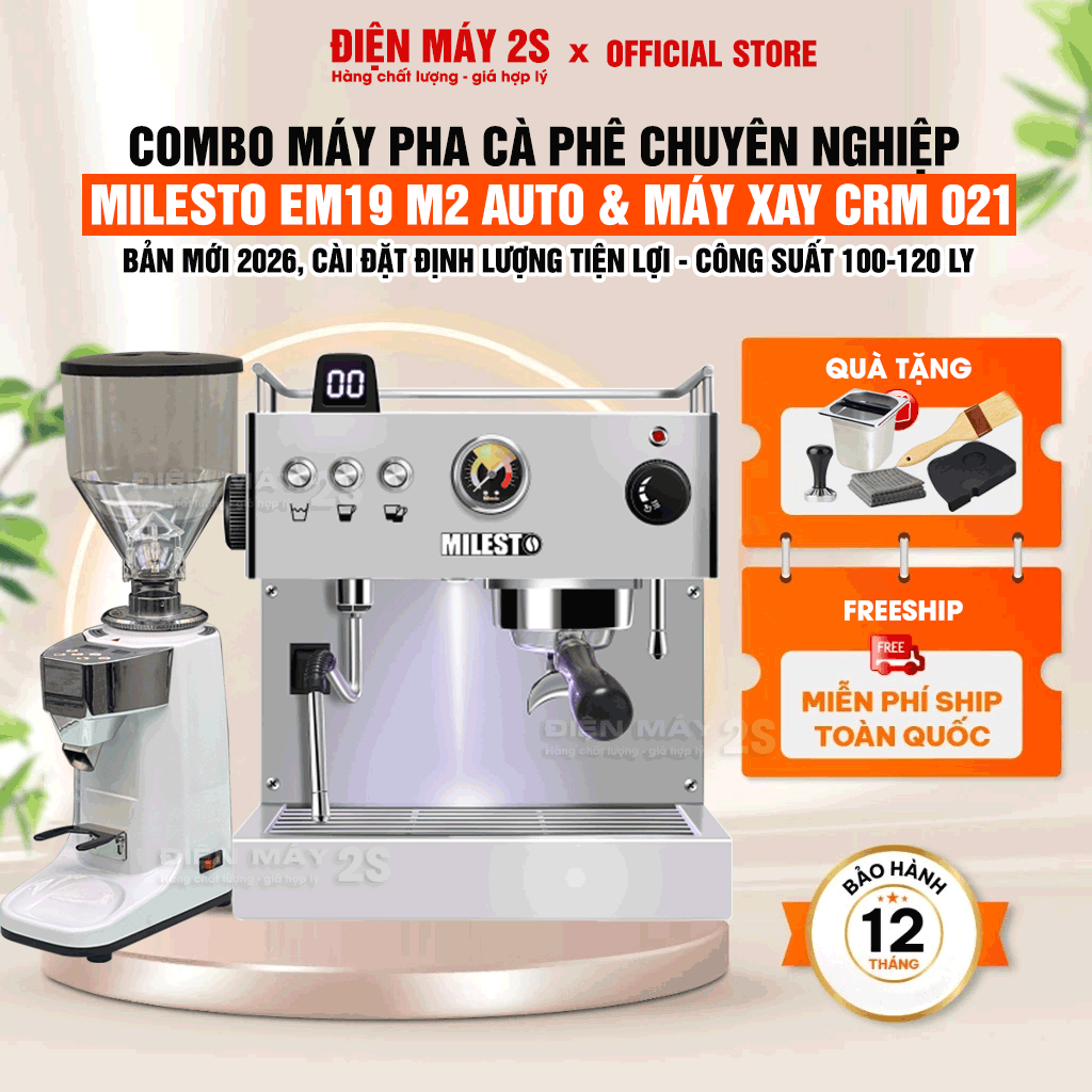 [HCM-Có VAT ] Combo Máy Pha Cà Phê Milesto EM19 Au & Máy Xay Cà Phê 021 Tự Động Định Lượng - Giá Tốt 2026 - Bảo Hành 12T